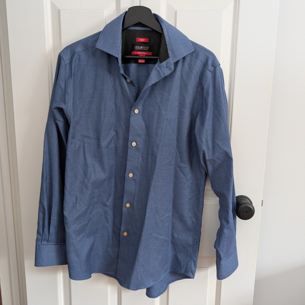 Kenneth Cole Men's Slate Blue Slim Fit Dress Shirt Cotton Blend Size 16 (32/33)
